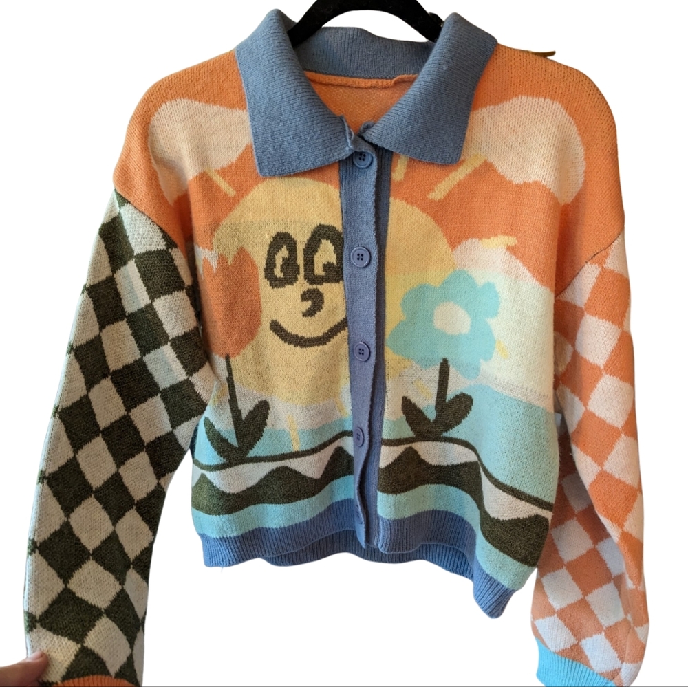 Colorful Cardigan Sweater with Collar